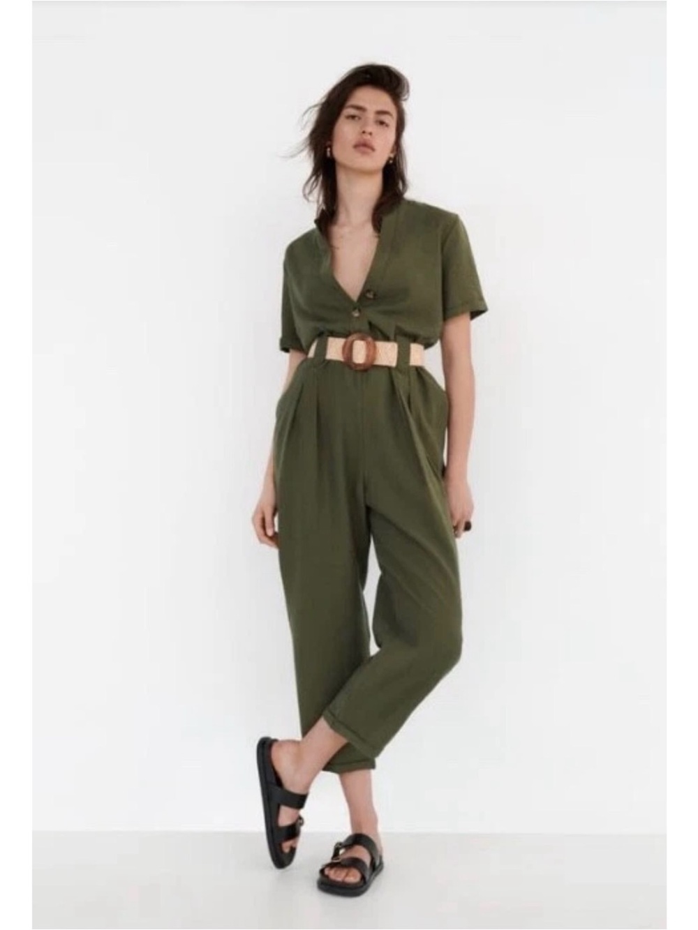 Zara Womens Short Sleeves Olive Green Jumpsuit Size M V-neck Button Front